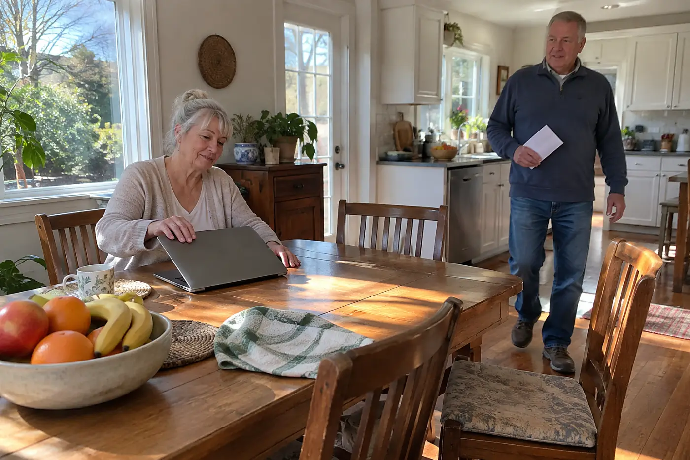 Woman searching account notices on a laptop at her kitchen table.