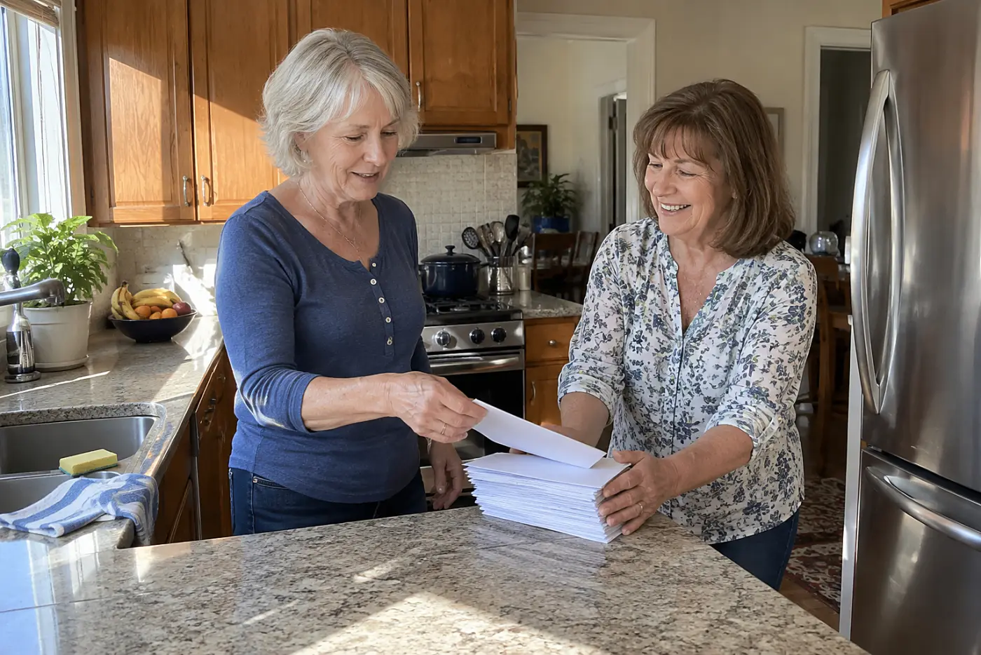 Woman listing utility bills beside a stack of envelopes in her kitchen.