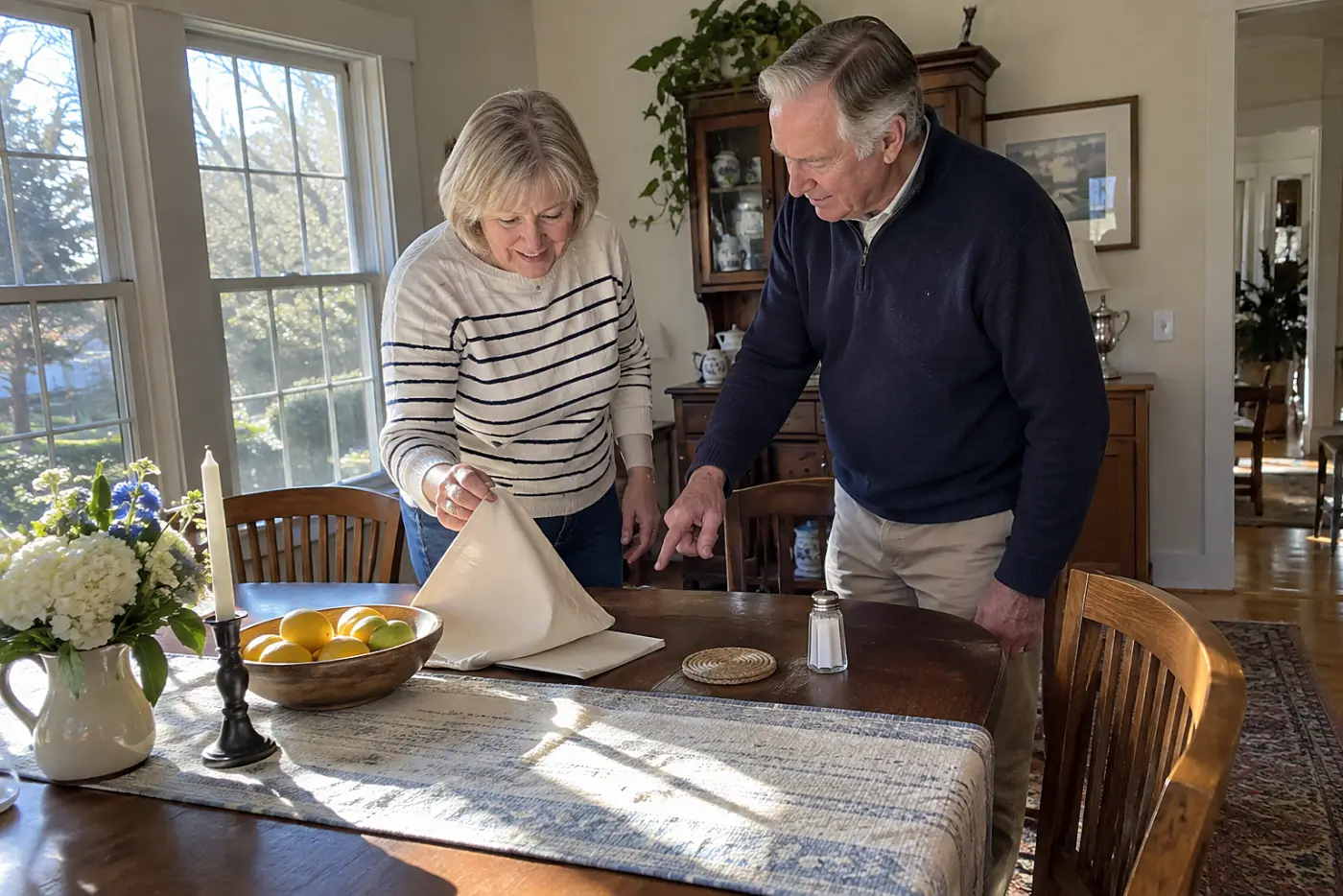 Woman reviewing a printed credit report at her dining table.