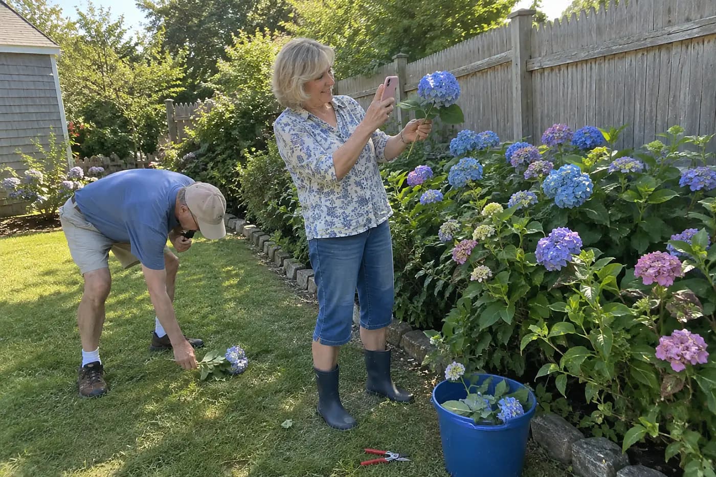 Woman photographing a cut hydrangea stem beside the shrub in her garden.