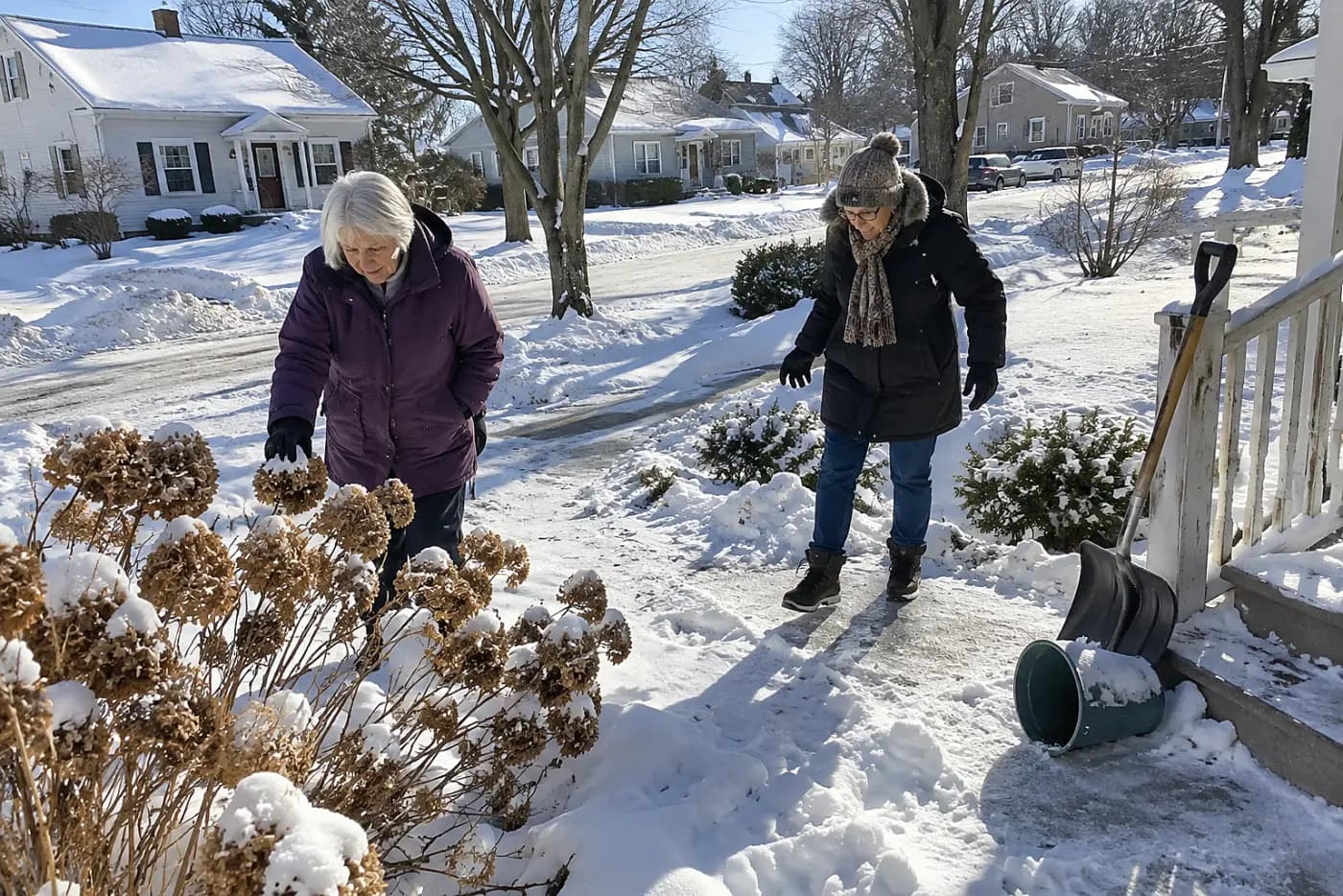 Woman checking exposed hydrangea stems above snow in her front yard.