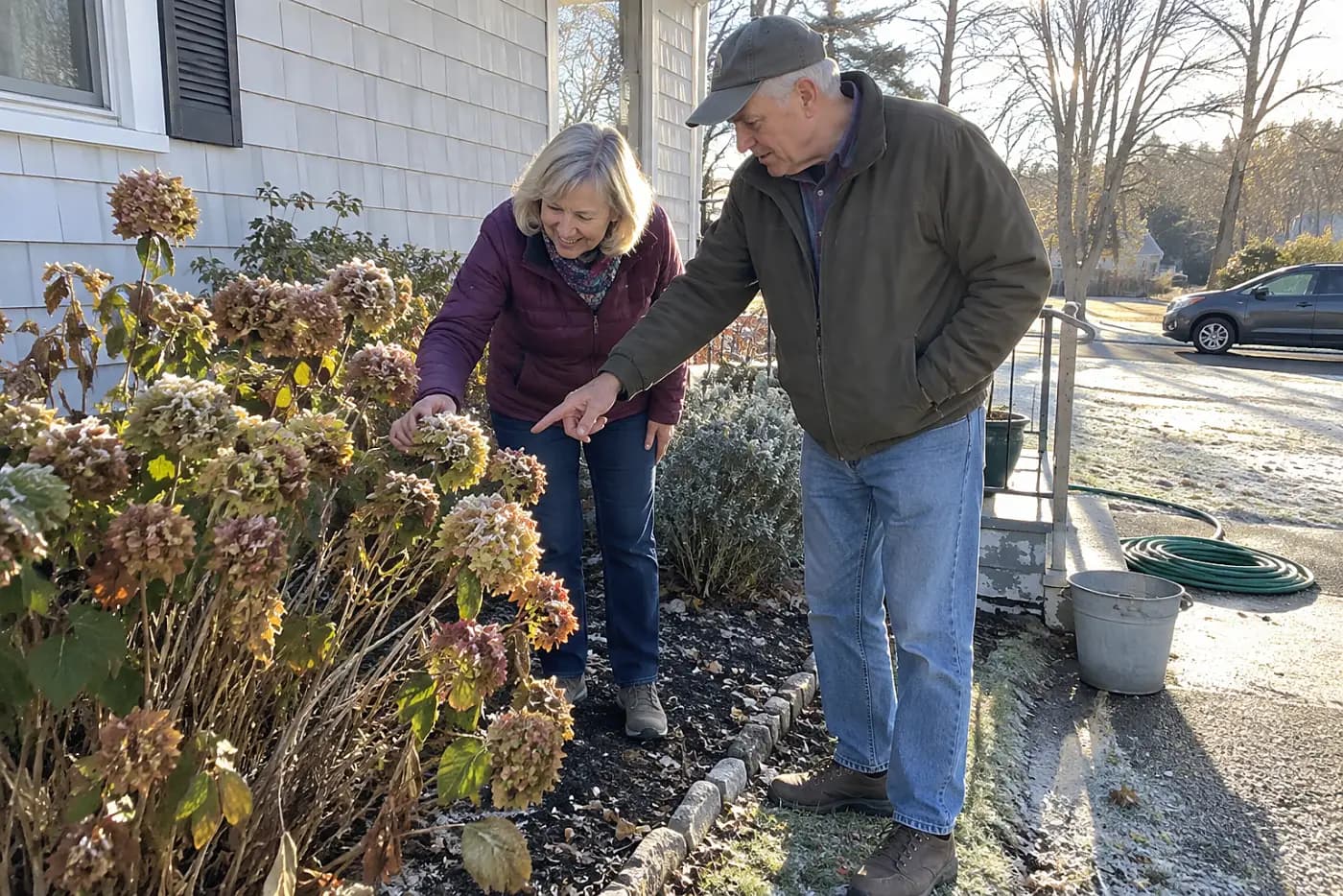 Woman examining swollen hydrangea buds beside her house after a frost.
