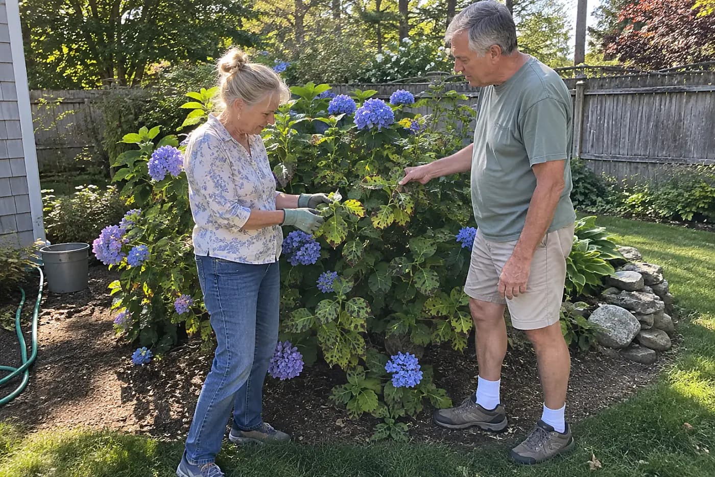 Woman turning over a spotted hydrangea leaf in her backyard.