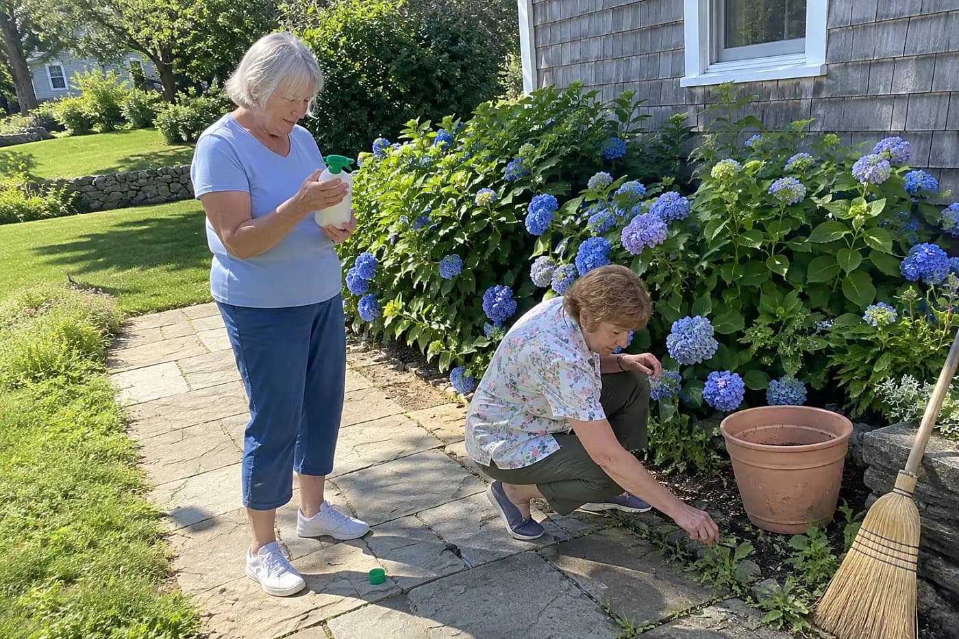 Woman reading a weed spray label beside a hydrangea bed.