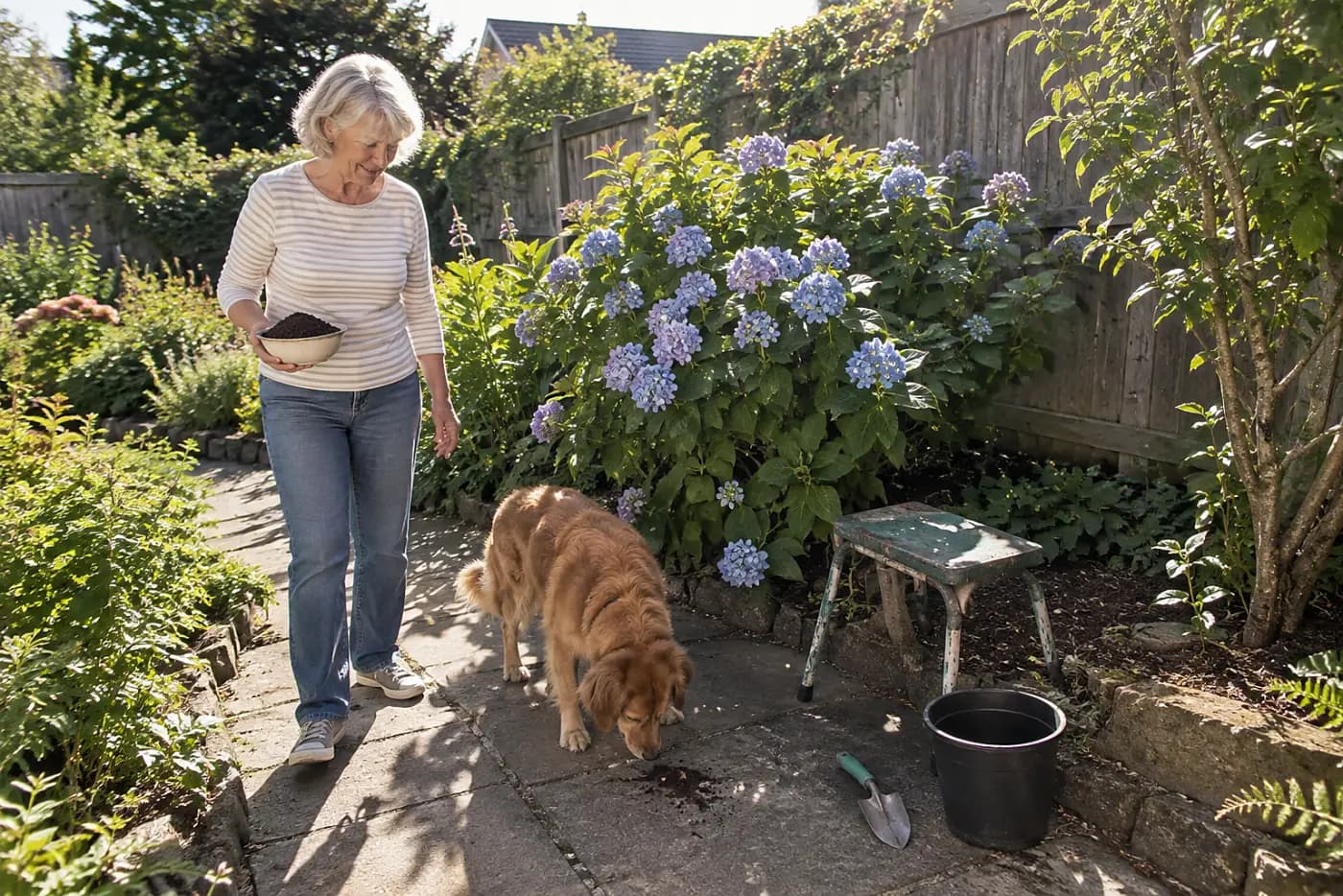 Woman carrying a bowl of used coffee grounds past a hydrangea in her garden.