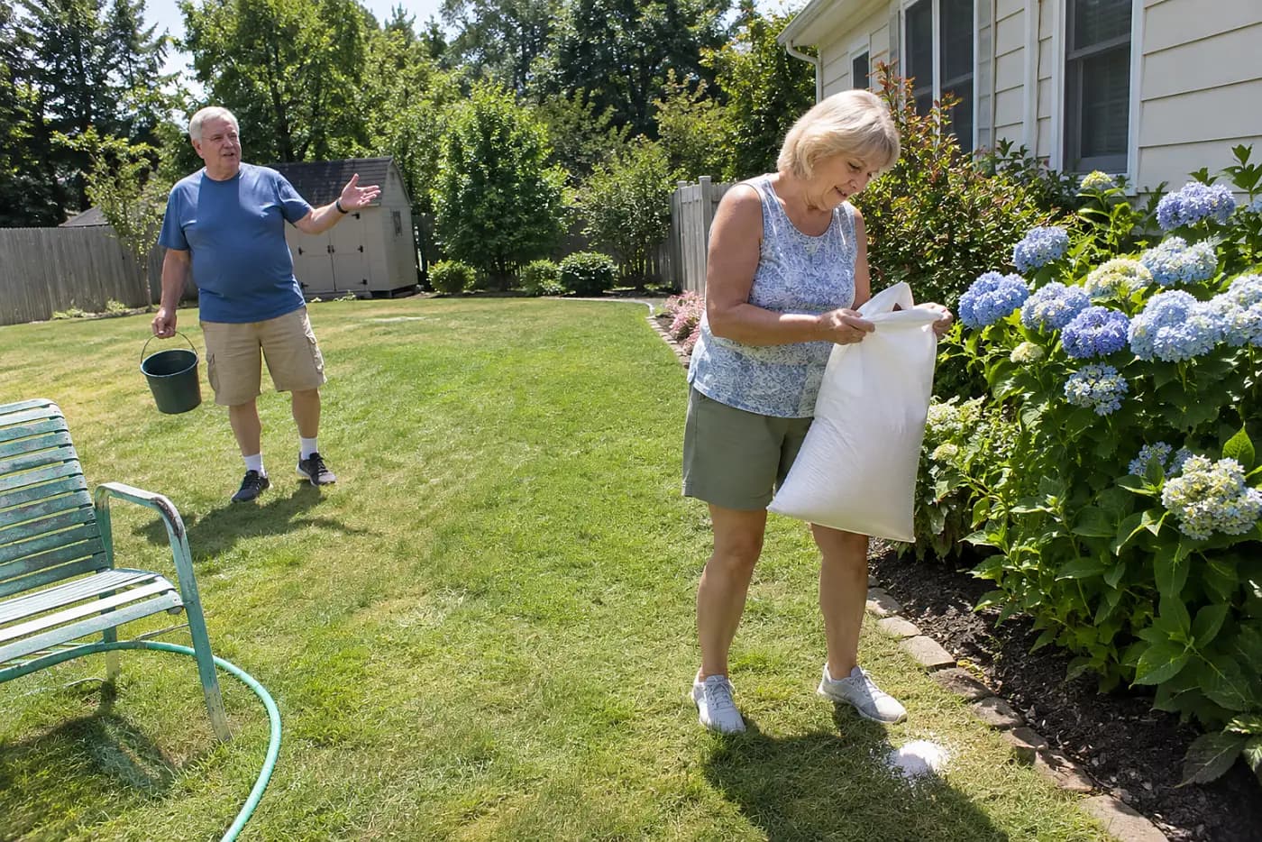 Woman examining a fertilizer bag near a hydrangea and lawn.