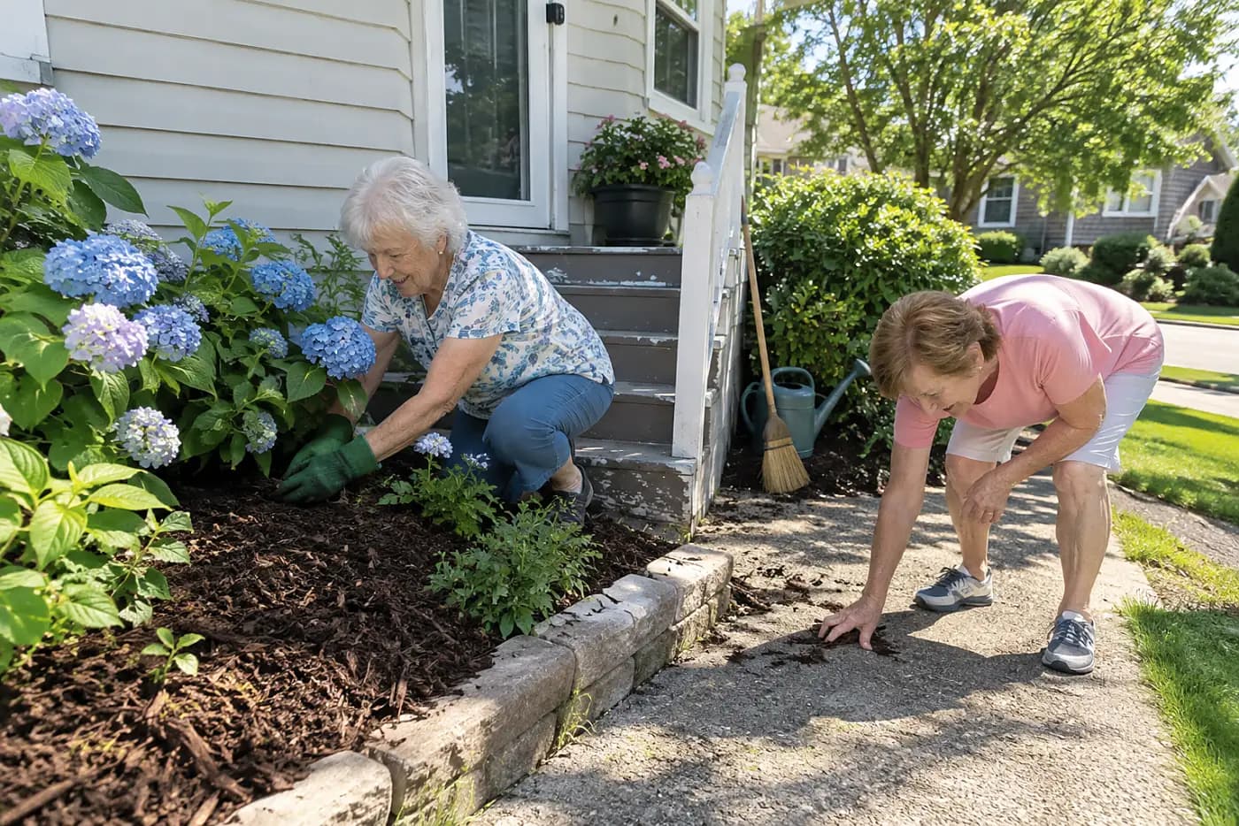 Woman pulling mulch away from hydrangea stems beside her walkway.