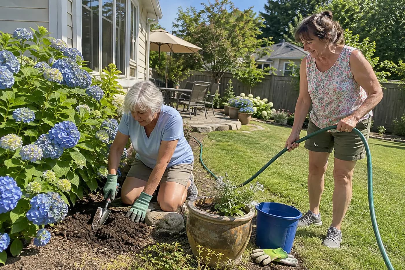 Woman pressing a hand trowel into soil beneath a hydrangea in her yard.