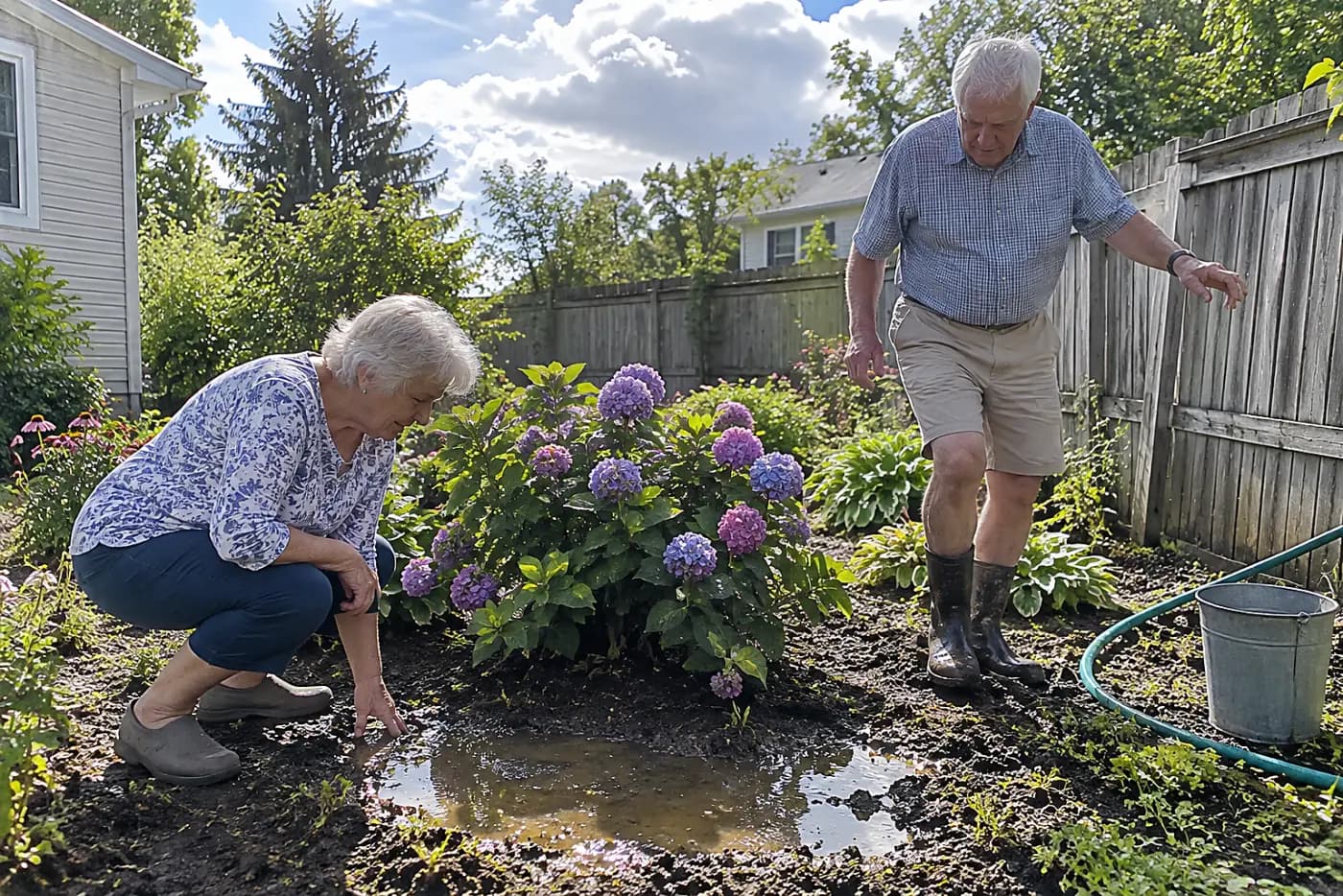 Woman inspecting pooled rainwater around a hydrangea in a garden bed.
