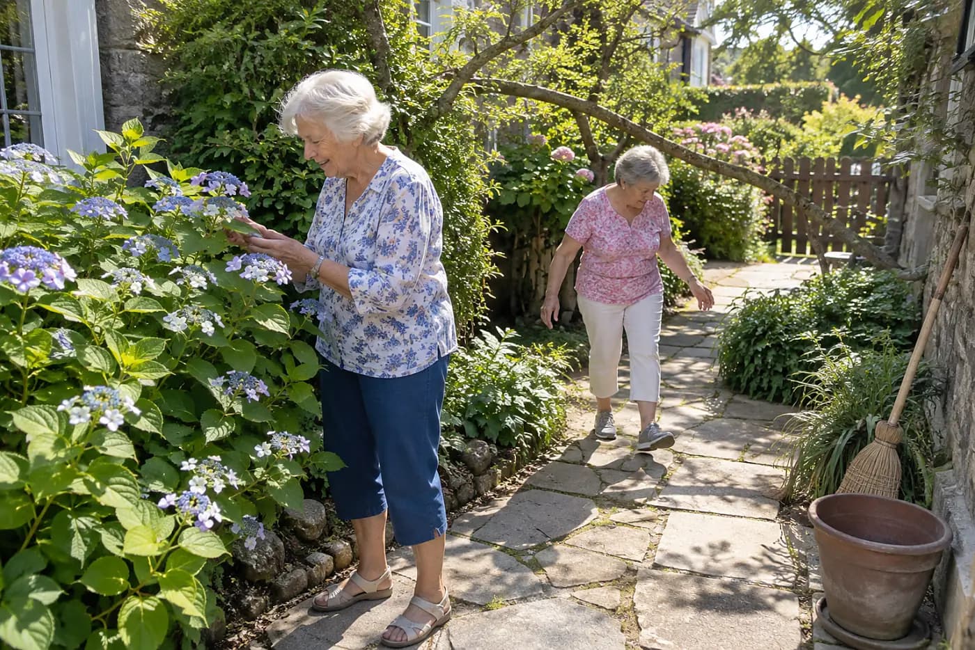 Woman examining small lacecap flowers on a hydrangea beside her path.