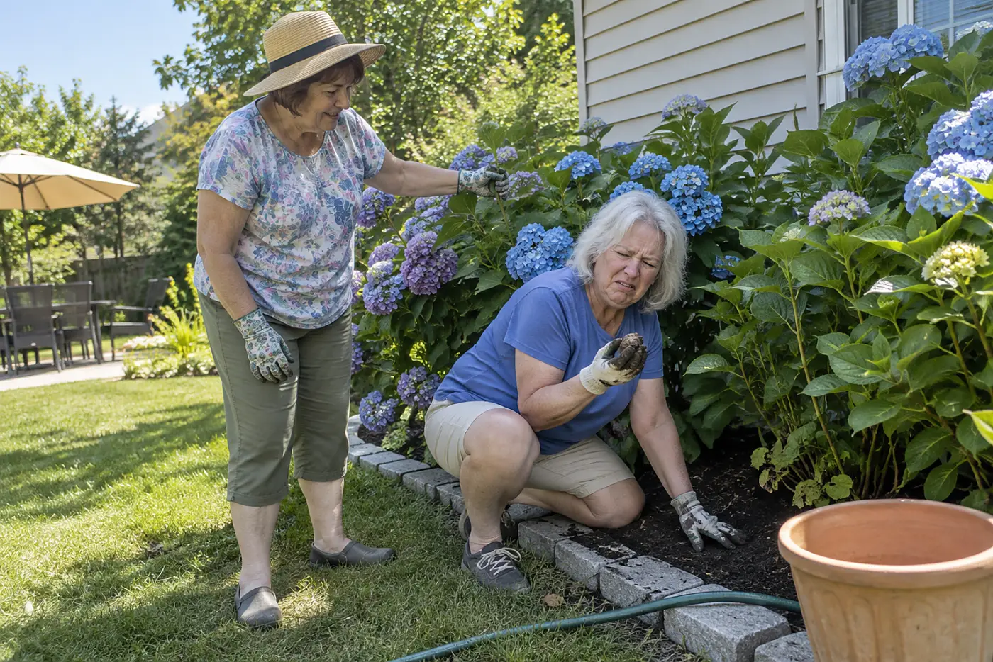 Woman pressing a finger into soil beneath a hydrangea beside her lawn.