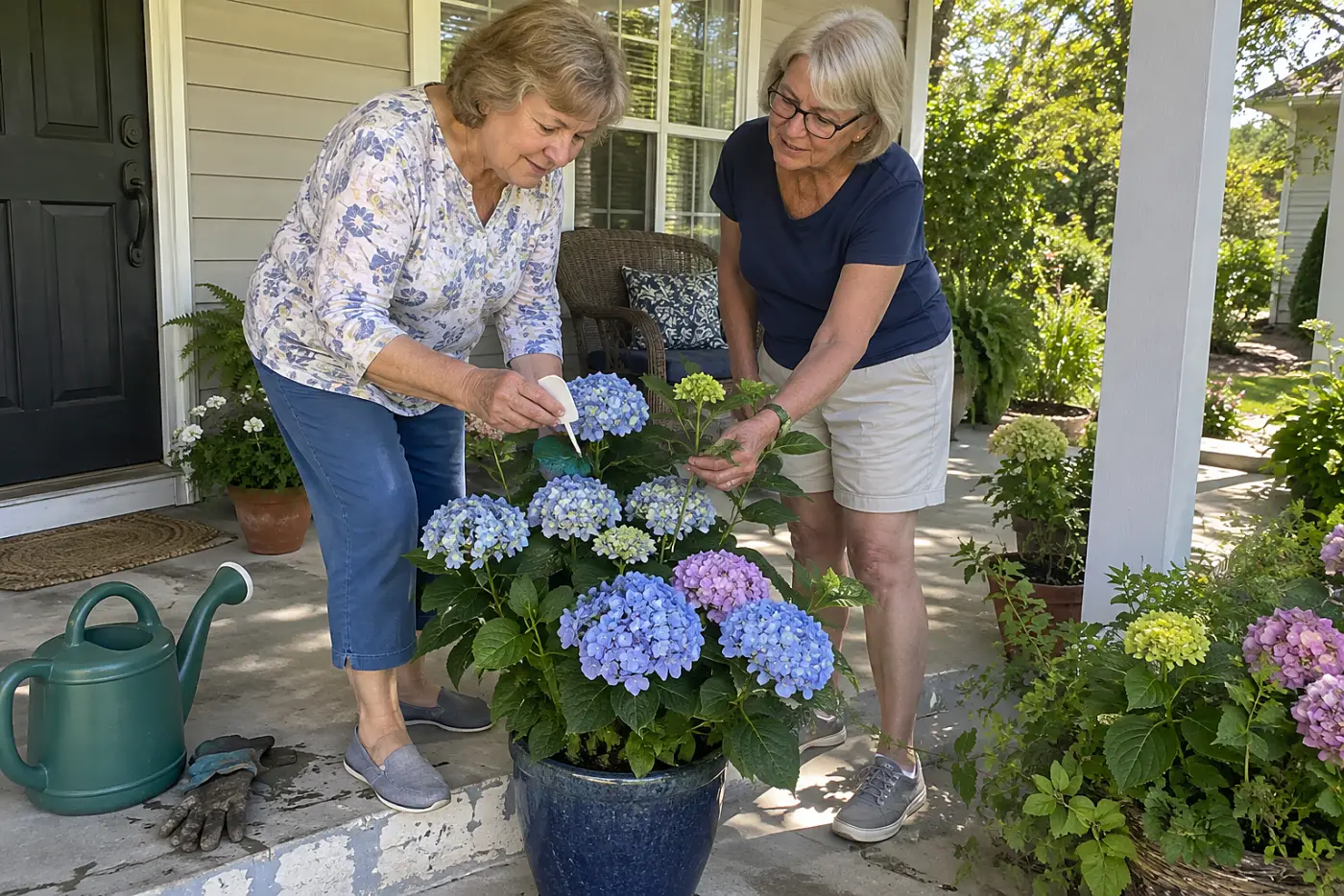 Woman reading a plant tag beside a potted hydrangea on her porch.