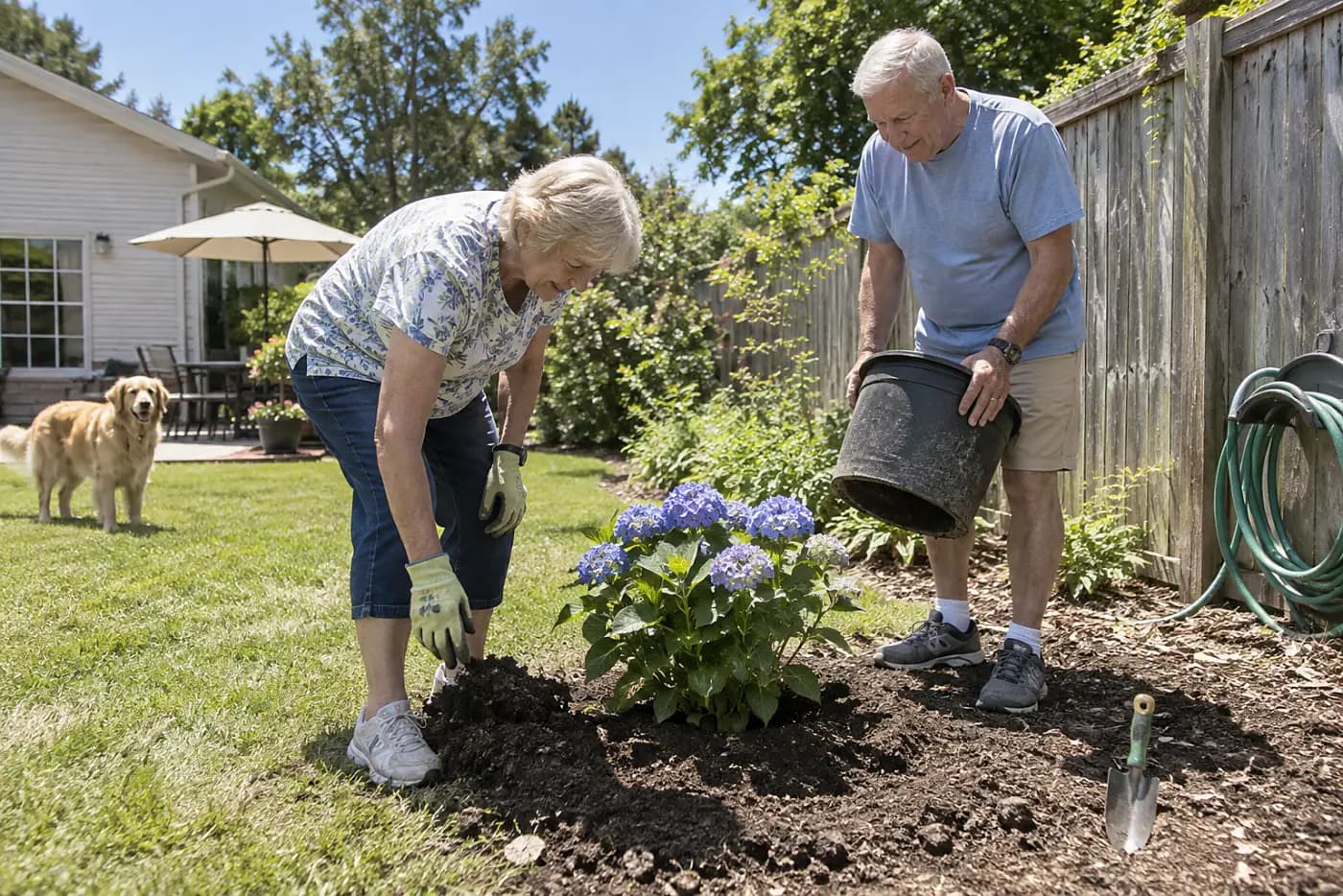 Woman checking soil around a newly planted hydrangea in her backyard.