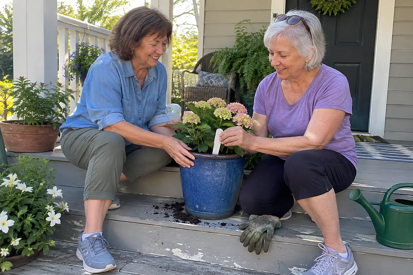 Woman reading a reblooming hydrangea tag beside her porch steps.