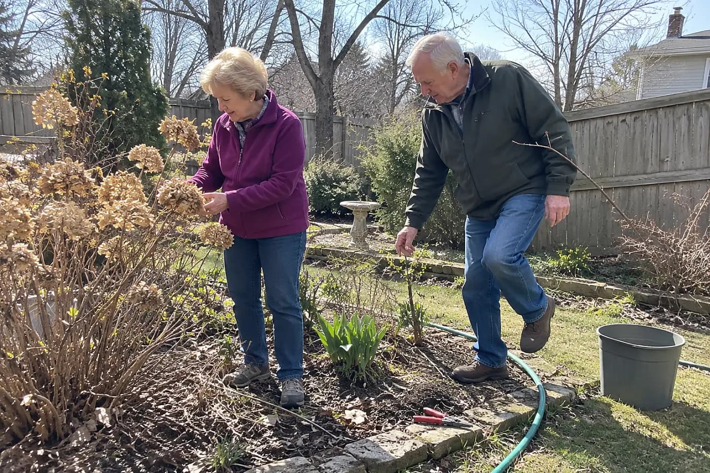 Woman checking hydrangea stems before pruning in her early spring garden.