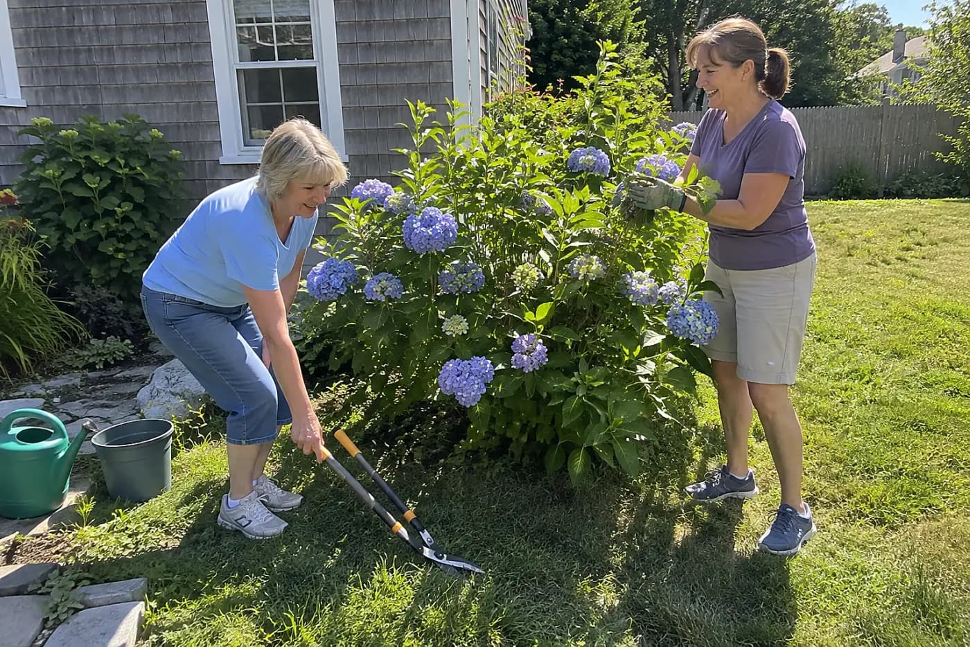Woman setting hedge shears down beside a hydrangea shrub.