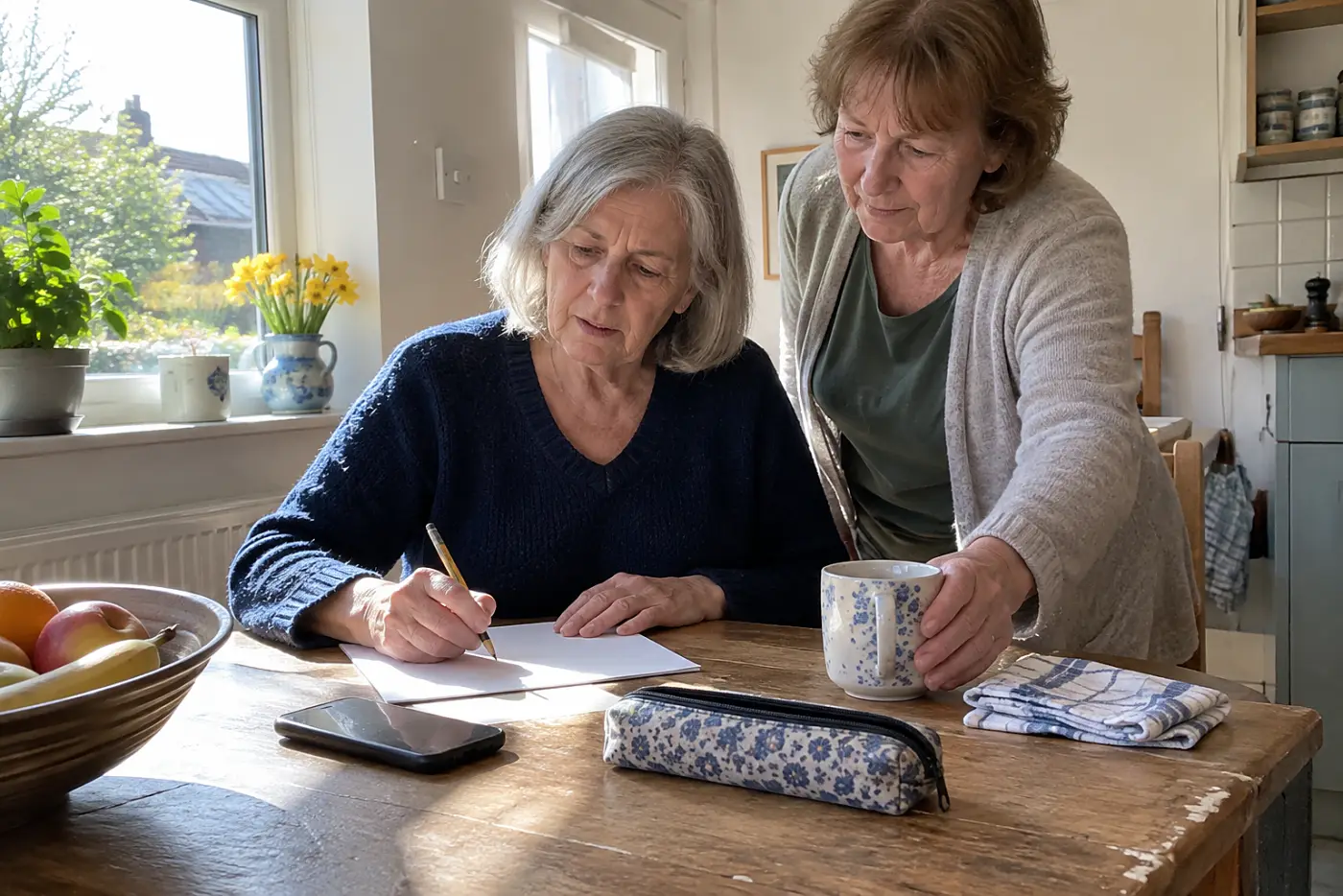Older woman writing symptoms on a sheet of paper before calling her doctor from home.