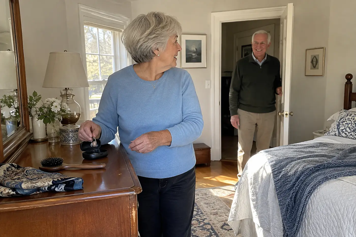 Older woman placing a hearing aid into its case at her bedroom dresser.