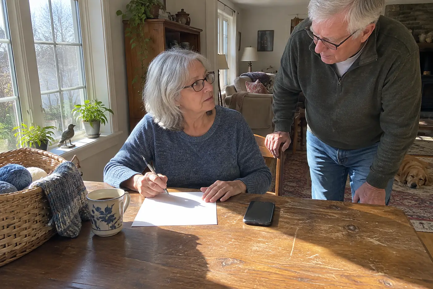 Older woman writing notes beside her phone after a call at home.