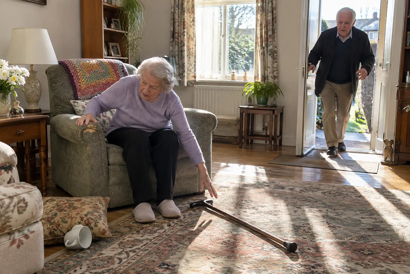 Older woman calling for help from a chair in her living room.