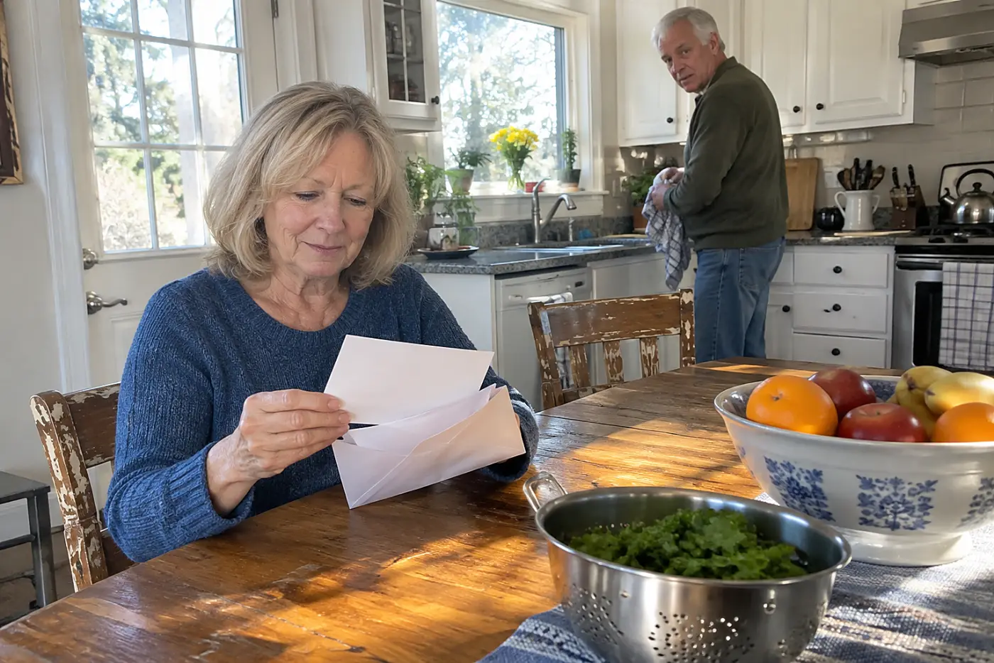 Older woman opening an envelope at her kitchen table.
