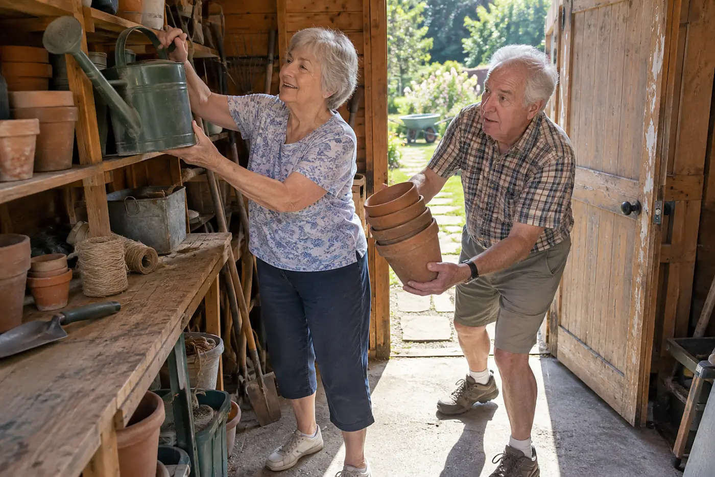 Older woman lifting a watering can from a garden shed shelf.