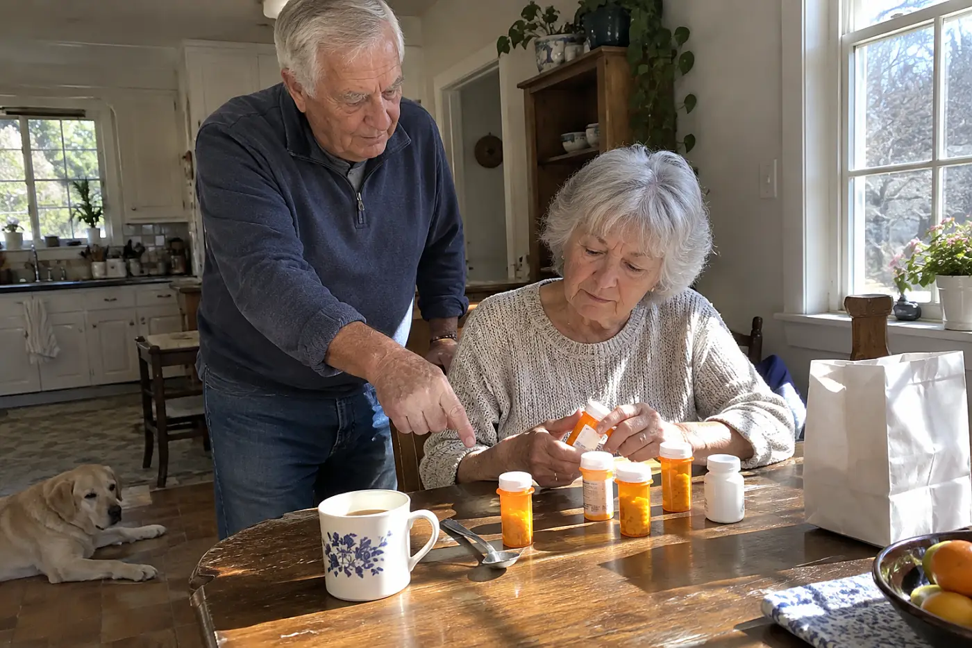Older woman sorting prescription bottles beside a pharmacy bag on a table.