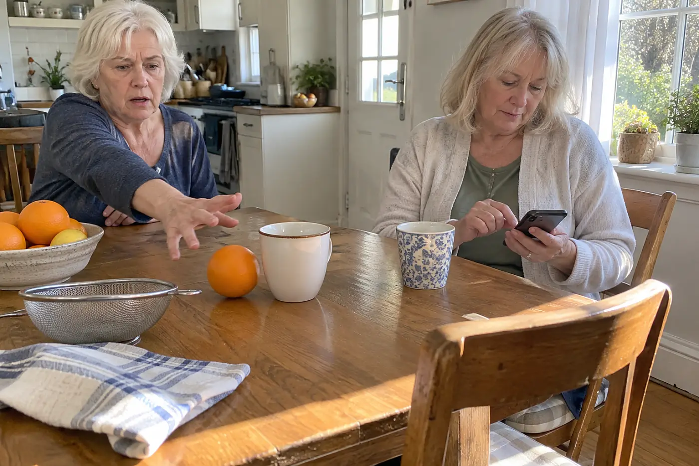 Older woman typing a reply to an invitation on her phone at the kitchen table.
