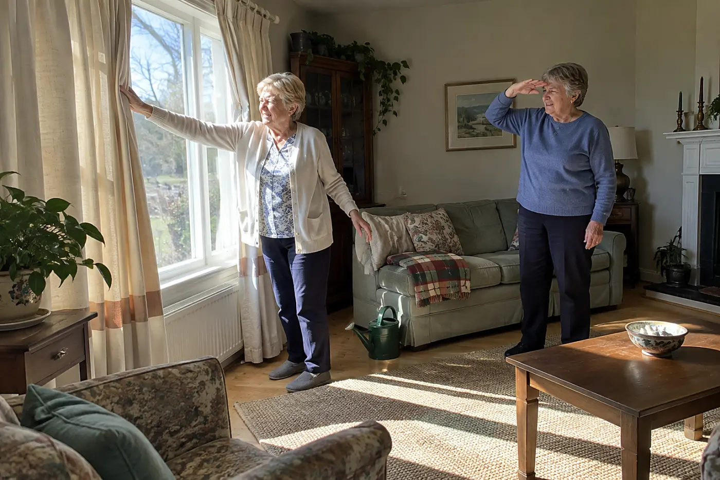 Older woman opening the curtains in her living room at midday.