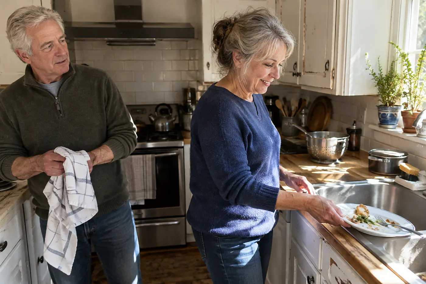 Older woman leaving a dinner plate beside the kitchen sink.