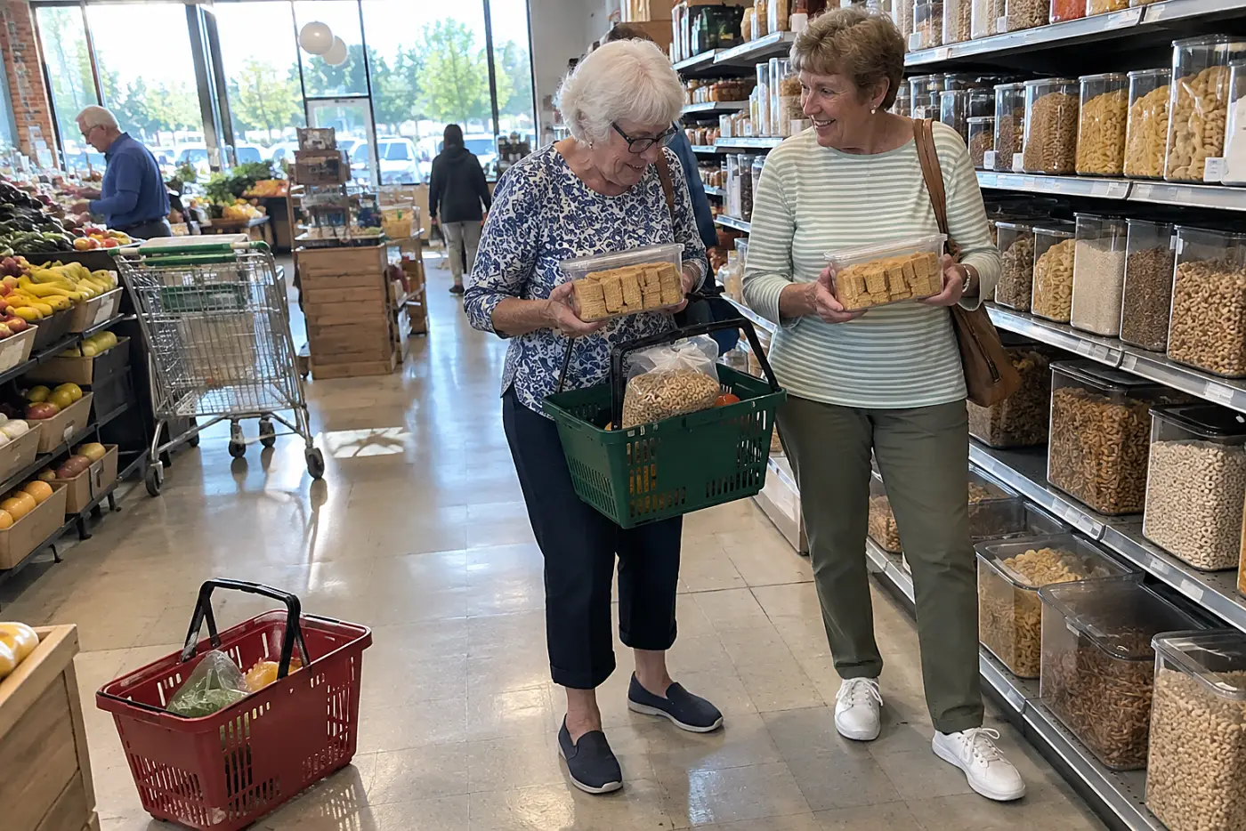 Older woman looking into a grocery basket of crackers and cereal in a store aisle.