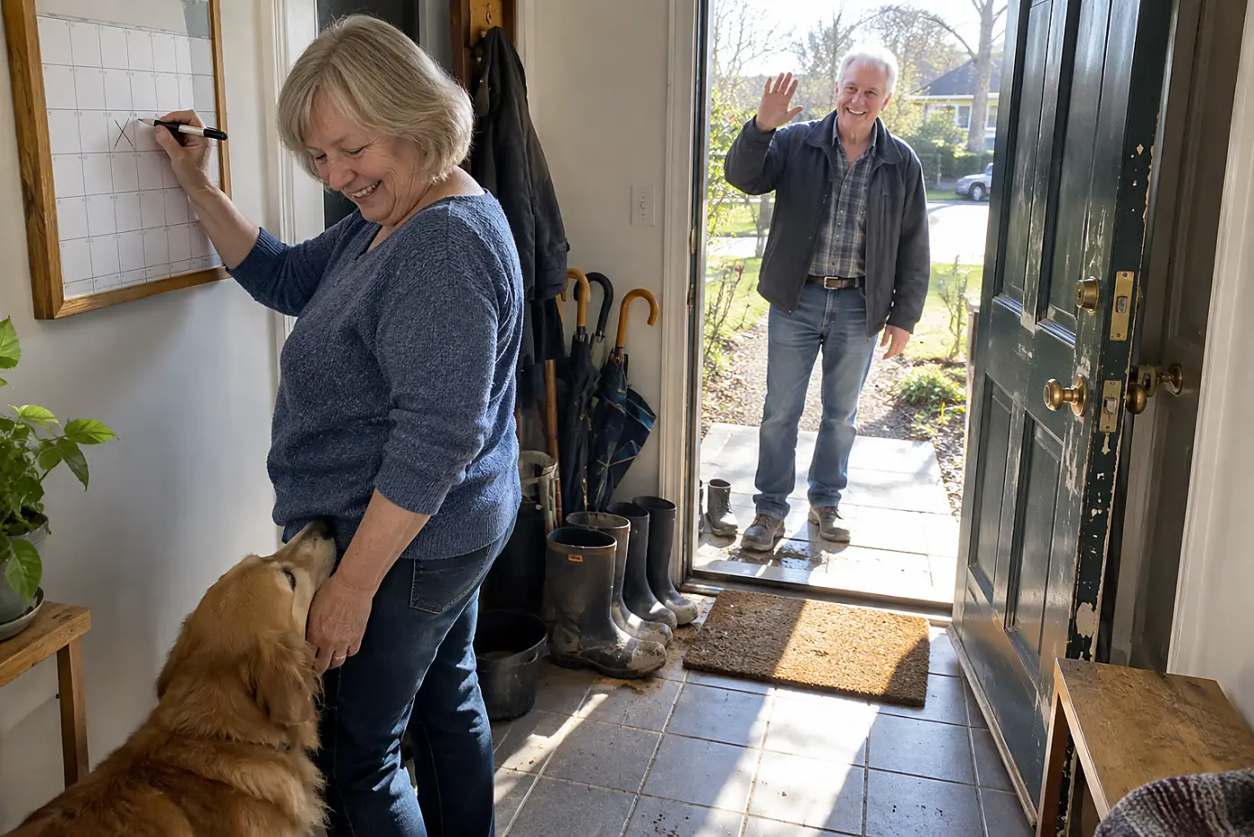 Older woman crossing a walk off a calendar beside her front door.