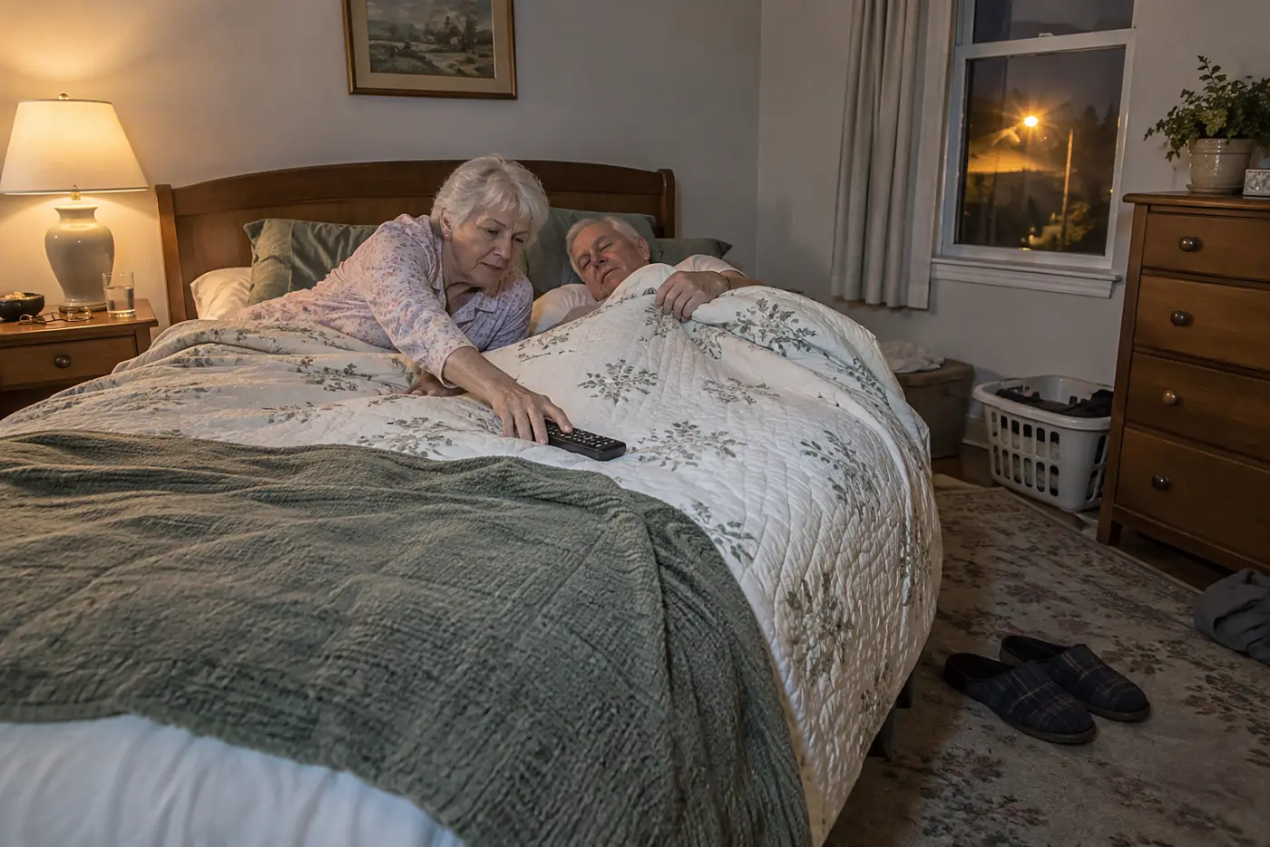 Older woman reaching for a television remote from her bed at night.