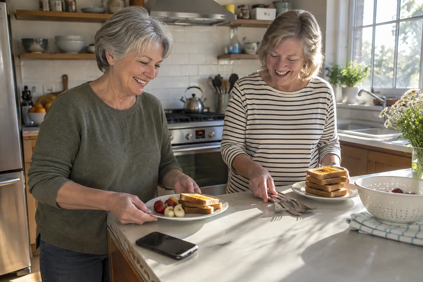 Older woman setting a plate beside her phone on a kitchen counter.