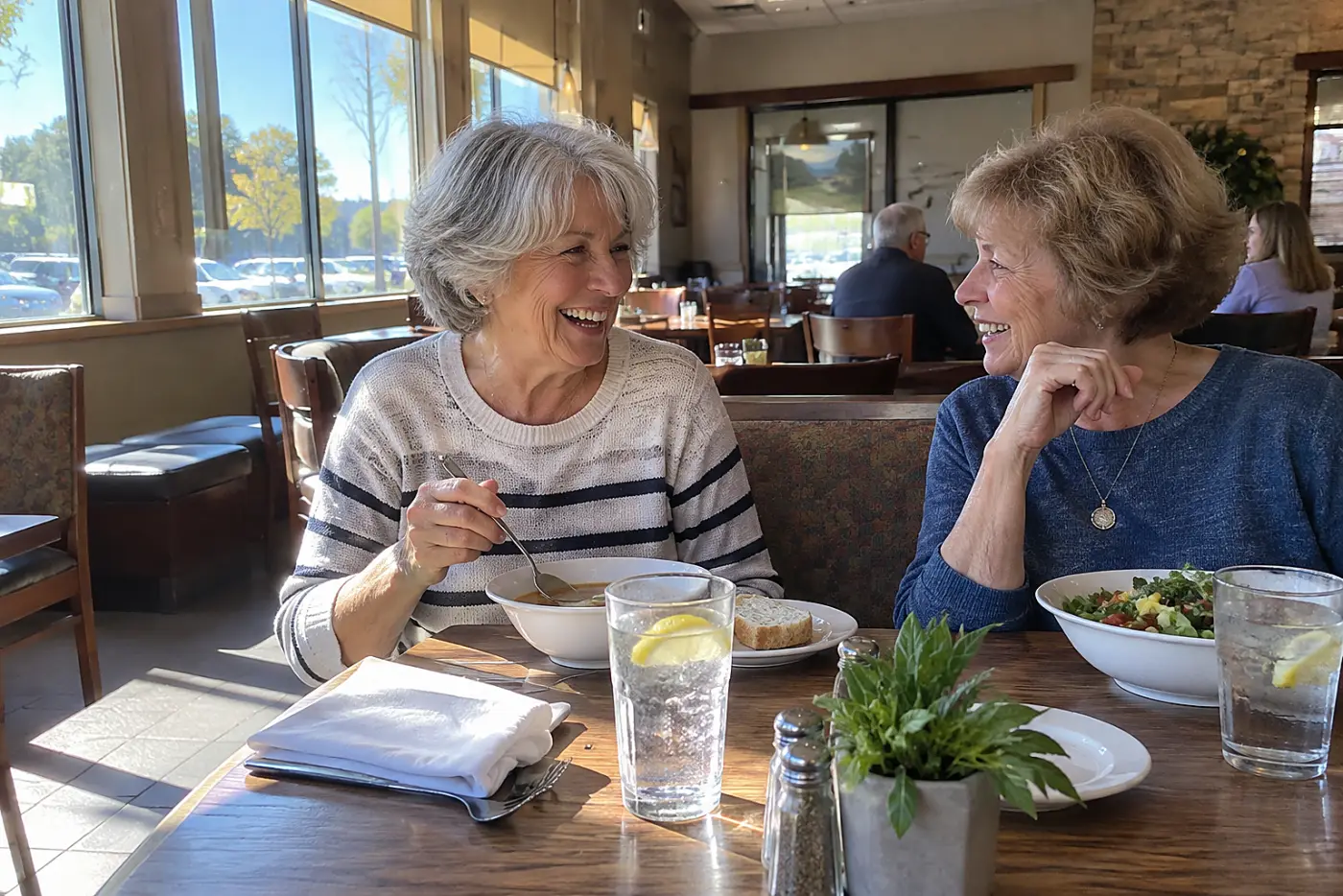 Older woman talking with a friend across a restaurant lunch table.