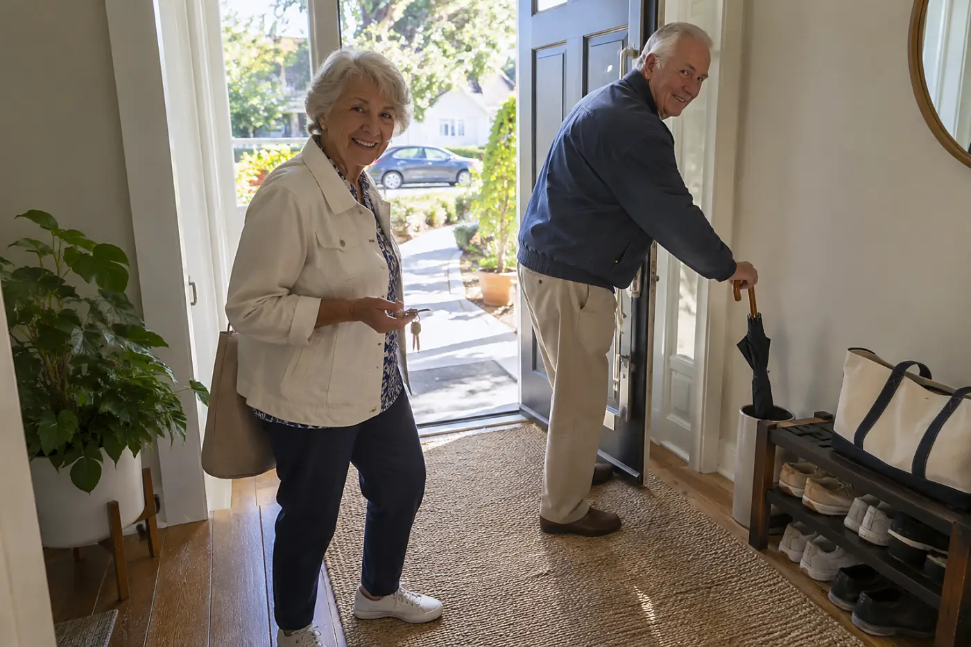 Older woman holding car keys beside her front door.