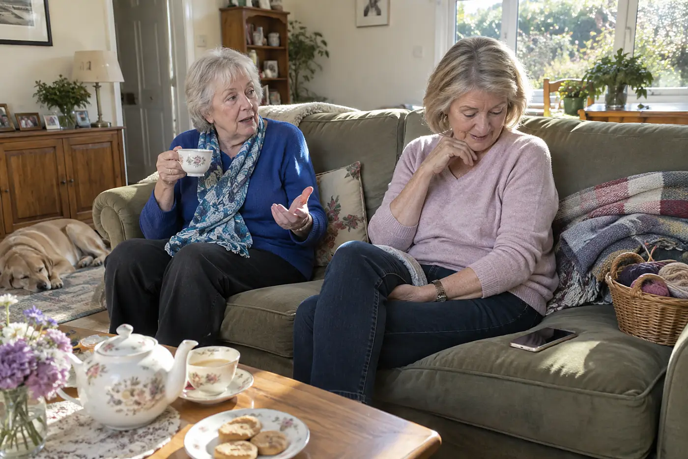 Older woman watching her phone ring from her living room sofa.
