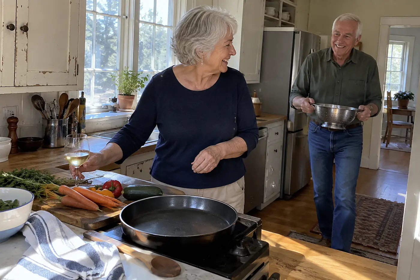 Older woman setting down a wine glass beside an unprepared dinner in her kitchen.