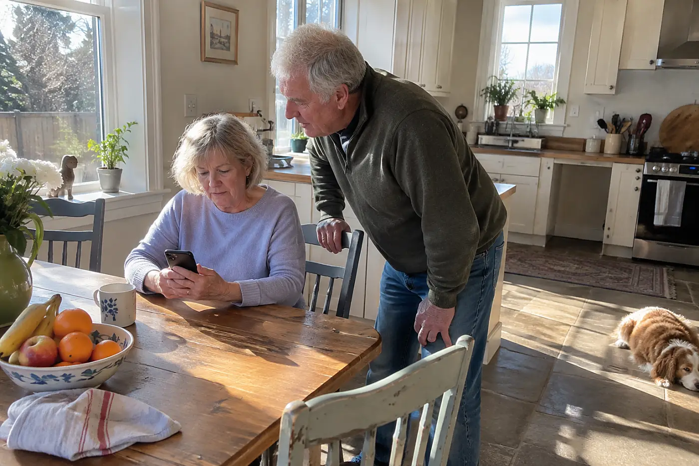 Older woman rereading a family chat on her phone at the kitchen table.