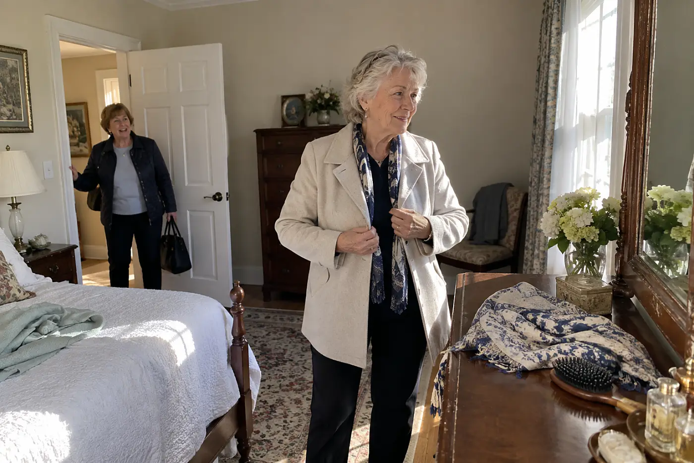 Older woman standing before a mirror in her bedroom before leaving home.