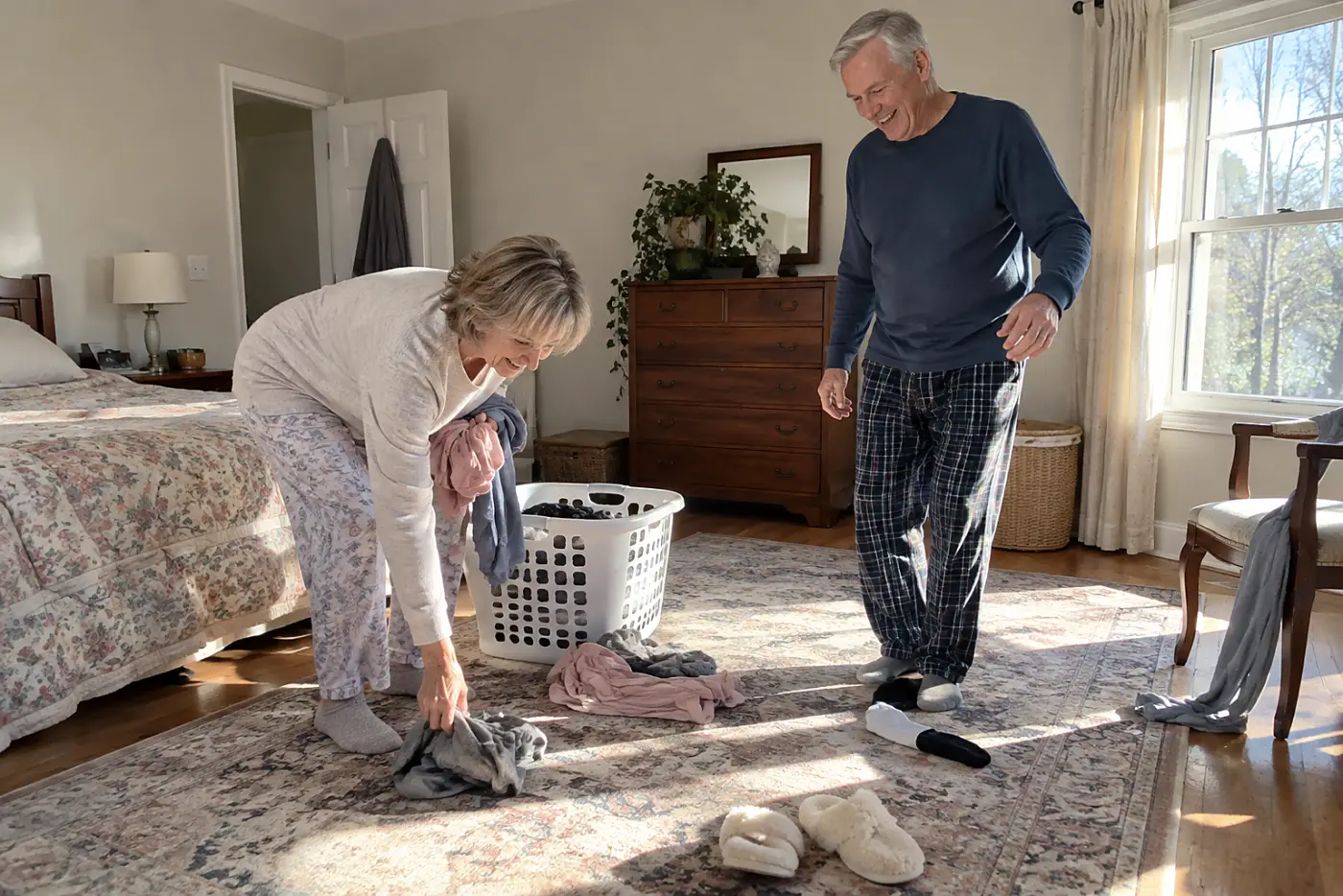 Older woman picking up clothes from her bedroom floor.