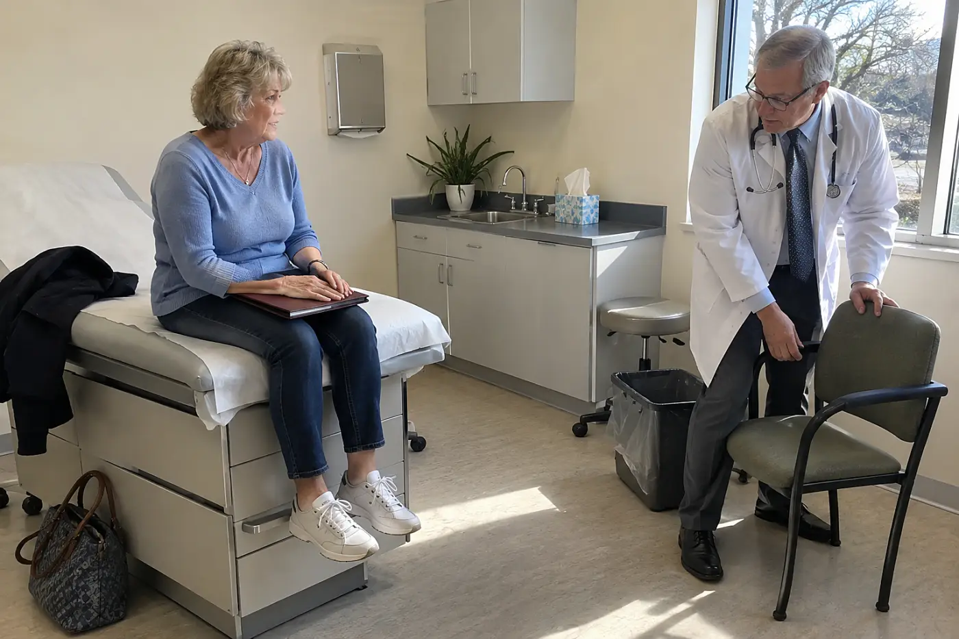 Older woman consulting her notes while speaking with a doctor in an exam room.
