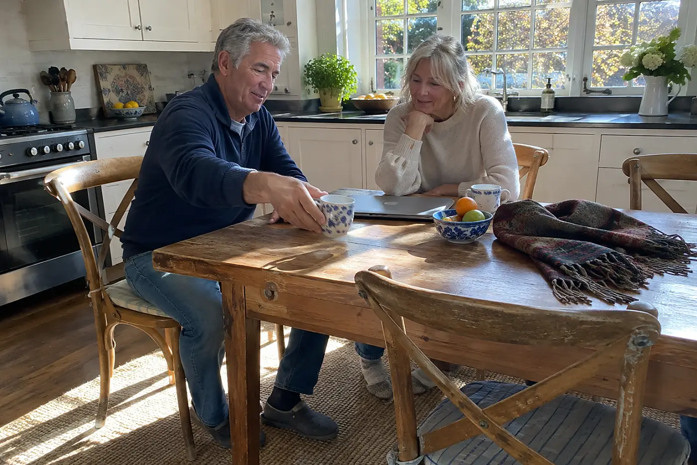 Older couple reviewing trip plans on a laptop at their kitchen table.