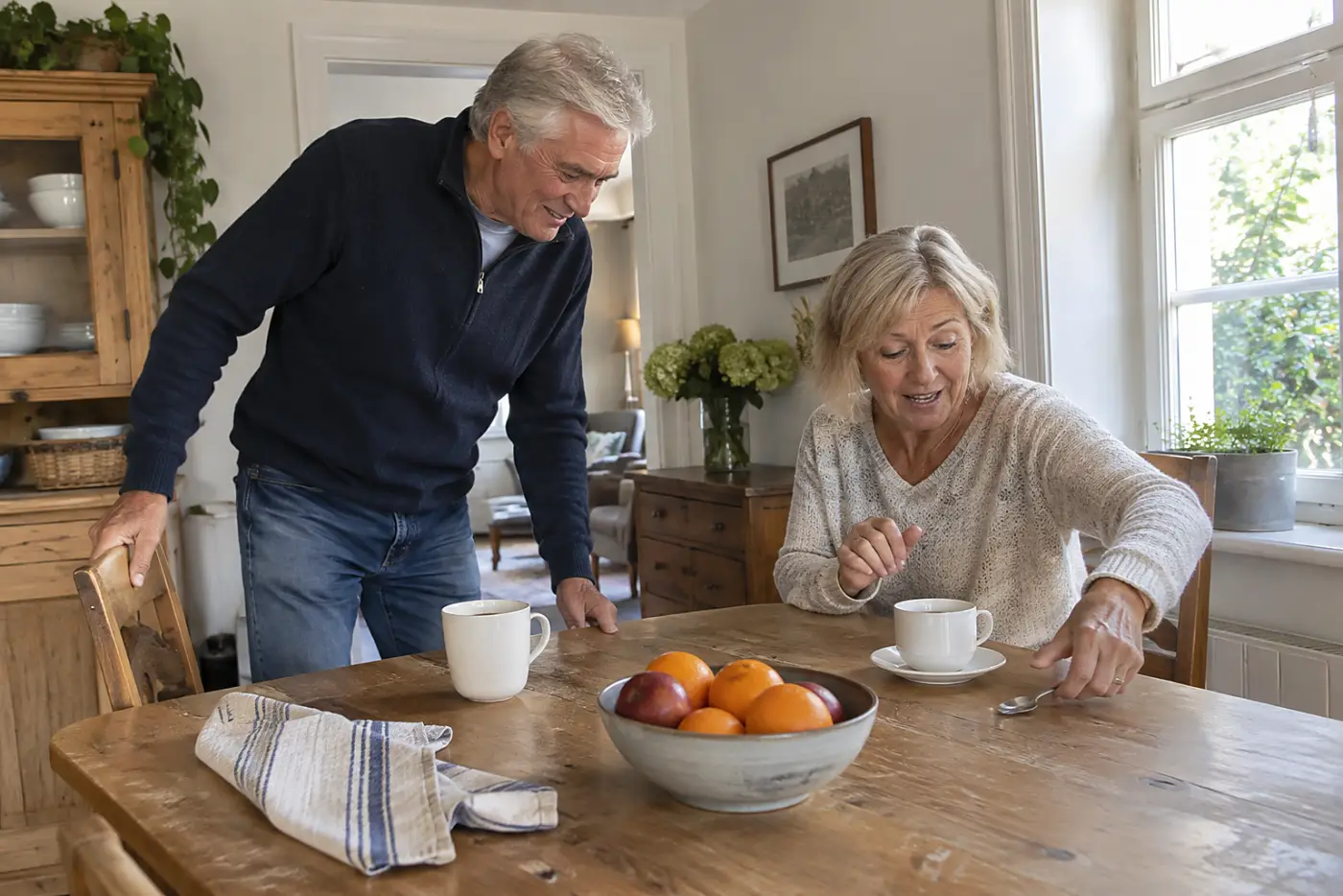 Older couple talking across the breakfast table beside two coffee cups.