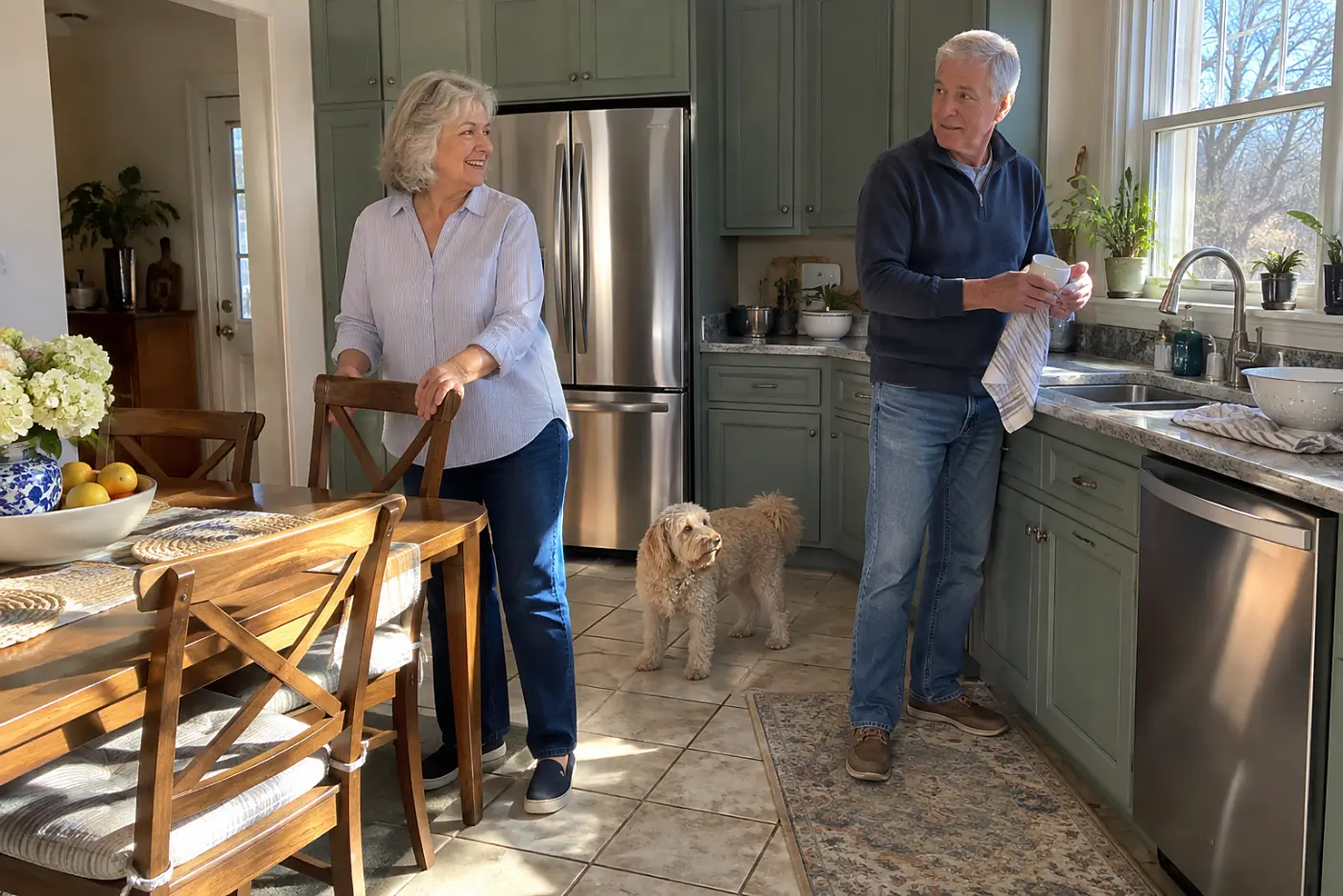 Older woman discussing a lunch invitation with her husband in their kitchen.