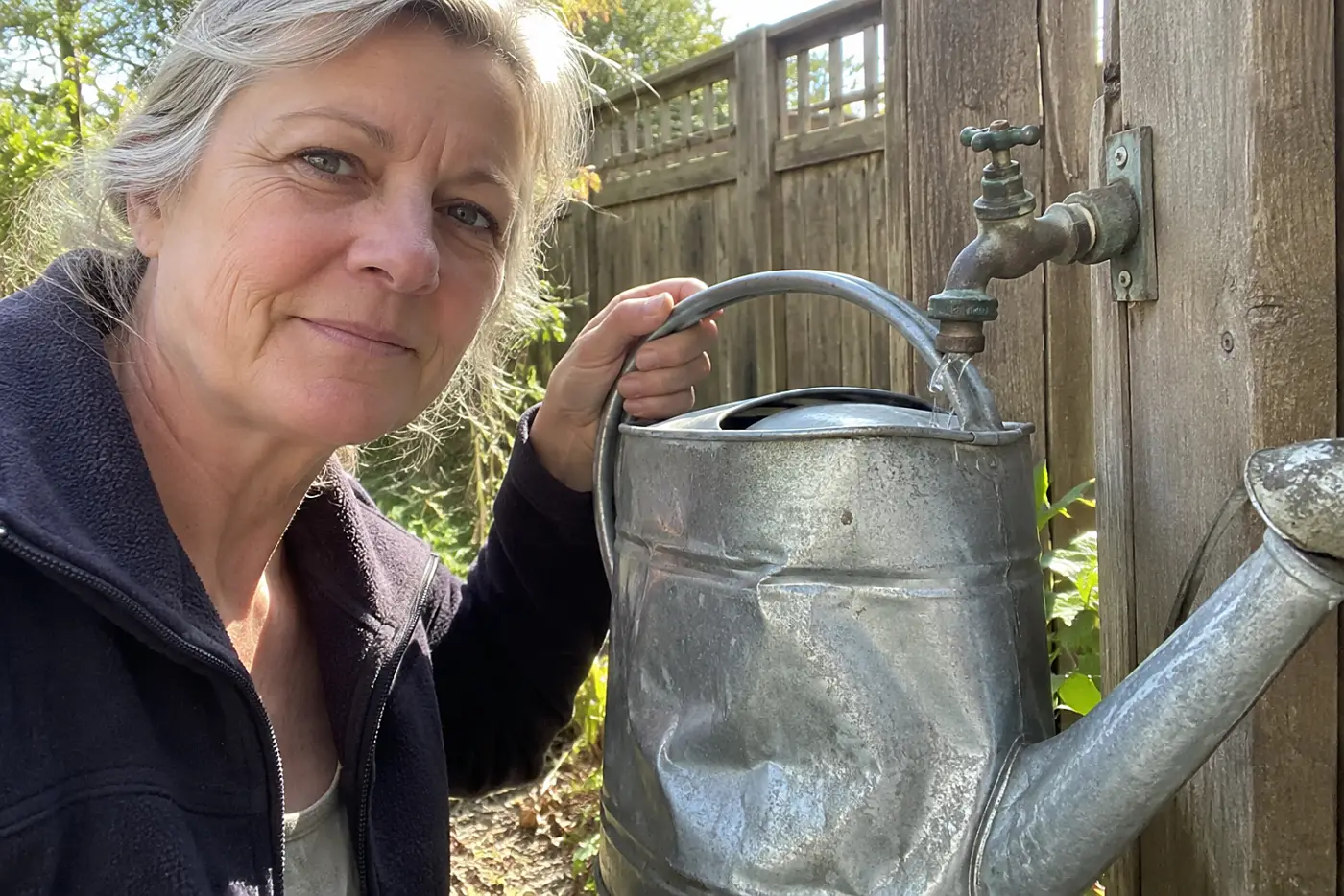 A watering can with dents sits beside an outdoor tap in a backyard, with a woman over 50 holding its handle and no visible writing.