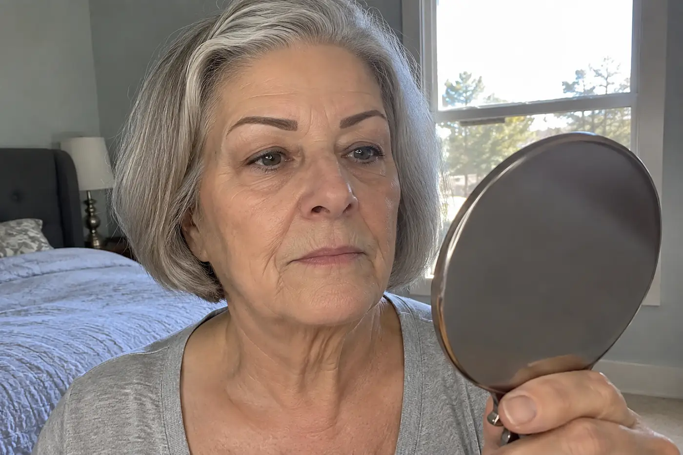 Sharp square brow fronts fill the frame on a woman in her sixties checking them in a hand mirror in her bedroom, with no writing visible.