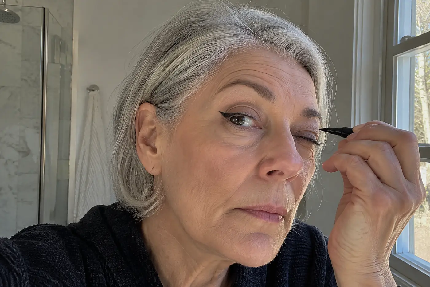 A thick black cat eye is centered on the open eye of a woman in her sixties beside a bathroom window, with no writing visible.