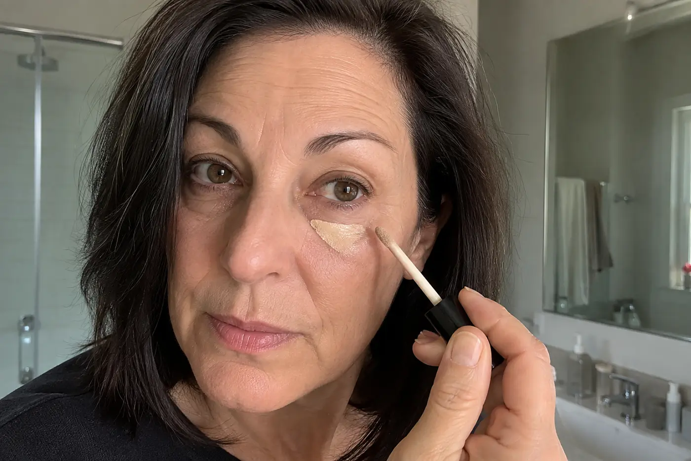 A pale concealer triangle beneath one eye is centered on a woman in her fifties at her bathroom sink, with no writing visible.