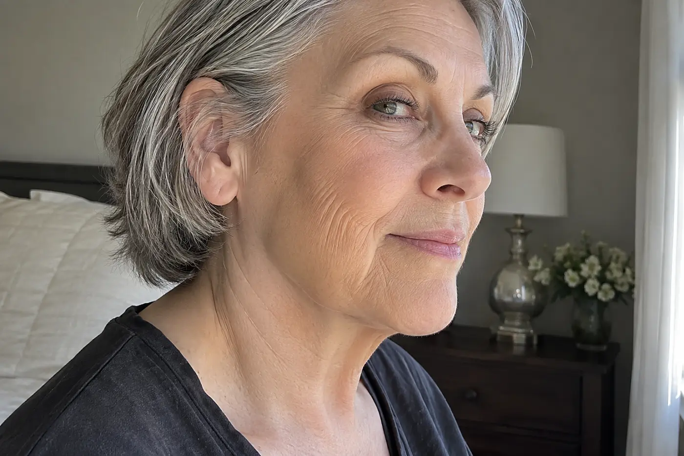 A foundation shade warmer than the neck is visible along the jaw of a woman in her sixties beside a bedroom window, with no writing visible.